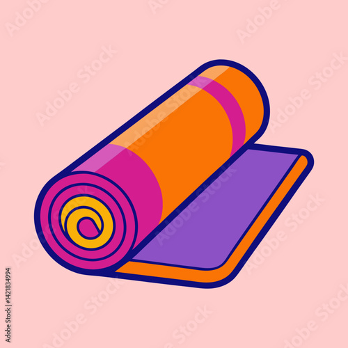 Rolled colorful yoga mat in an illustrative style against a pink background