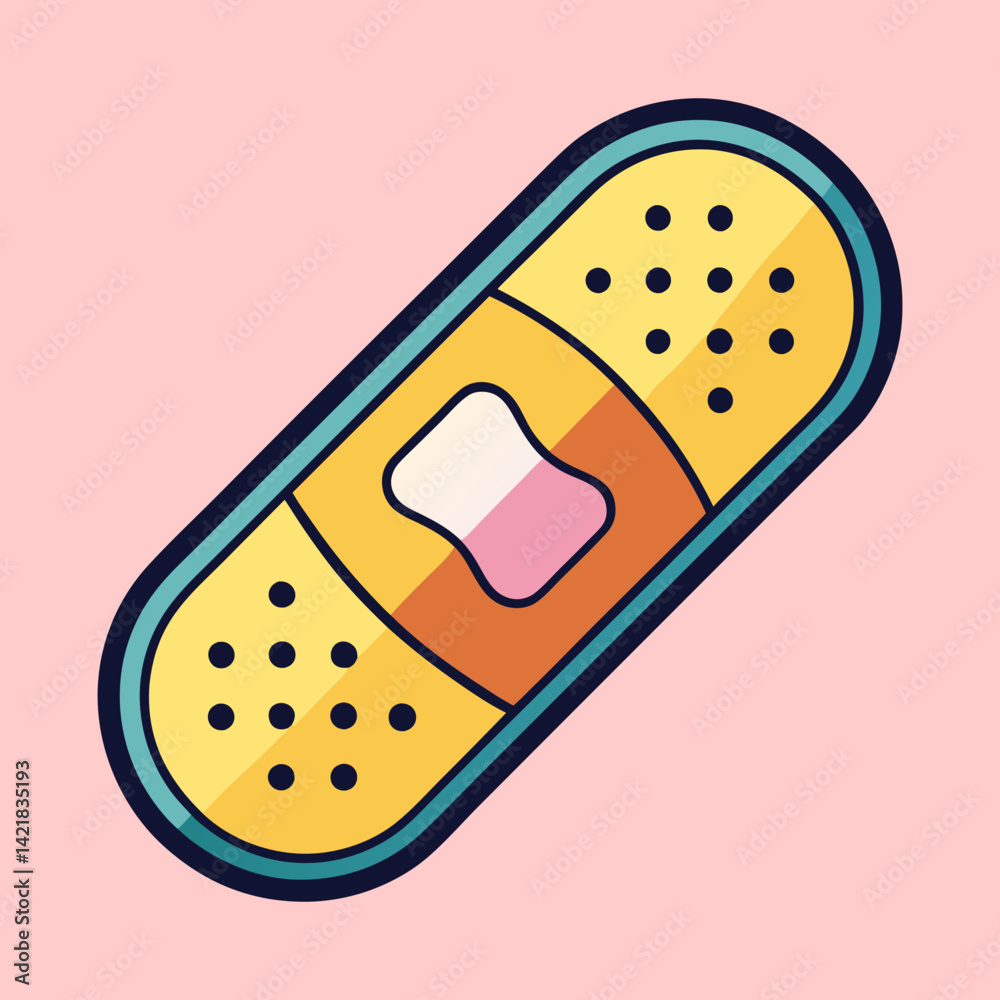Cartoon illustration of a bandaid on a light pink background color Cartoon illustration of a bandaid on a light pink background color