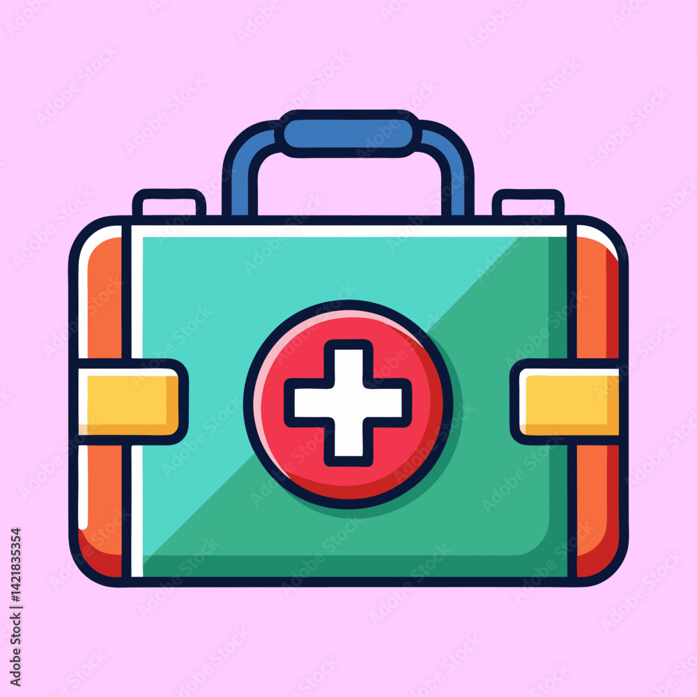 Obraz premium Stylized Illustration of a Teal and Red First Aid Kit with Blue Handle