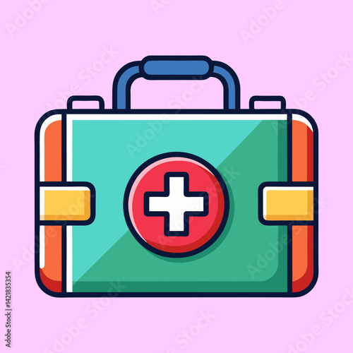 Stylized Illustration of a Teal and Red First Aid Kit with Blue Handle