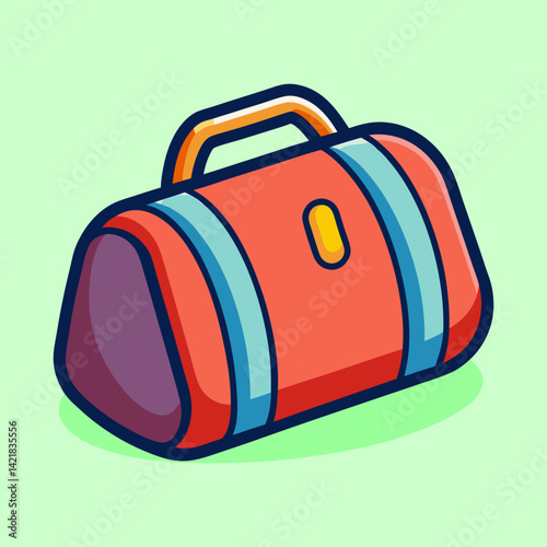 Cartoon duffel bag in vibrant colors with dark outlines, ready for travel
