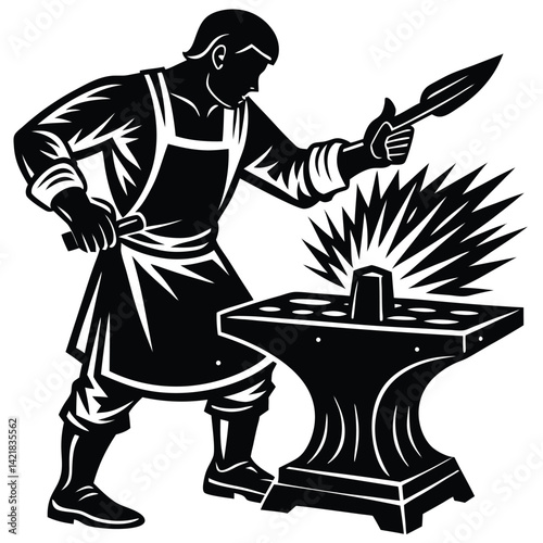Blacksmith Forging Spearhead Vector Illustration: Craftsman at Anvil, Black and White Graphic Art, Medieval Weapon Creation