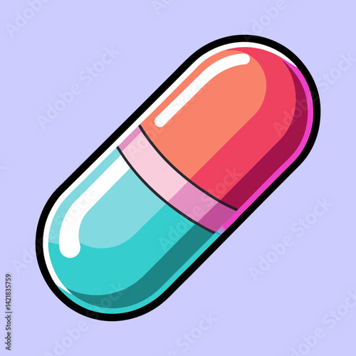 Vibrant Pill Illustration with Bold Outlines on a Light Purple Backdrop