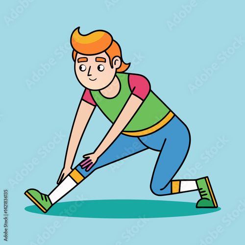 Cartoon man stretching his leg as part of a warmup routine
