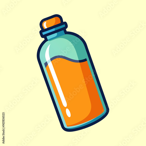Vector Cartoon Bottle of Orange Liquid on Light Yellow Background illustration
