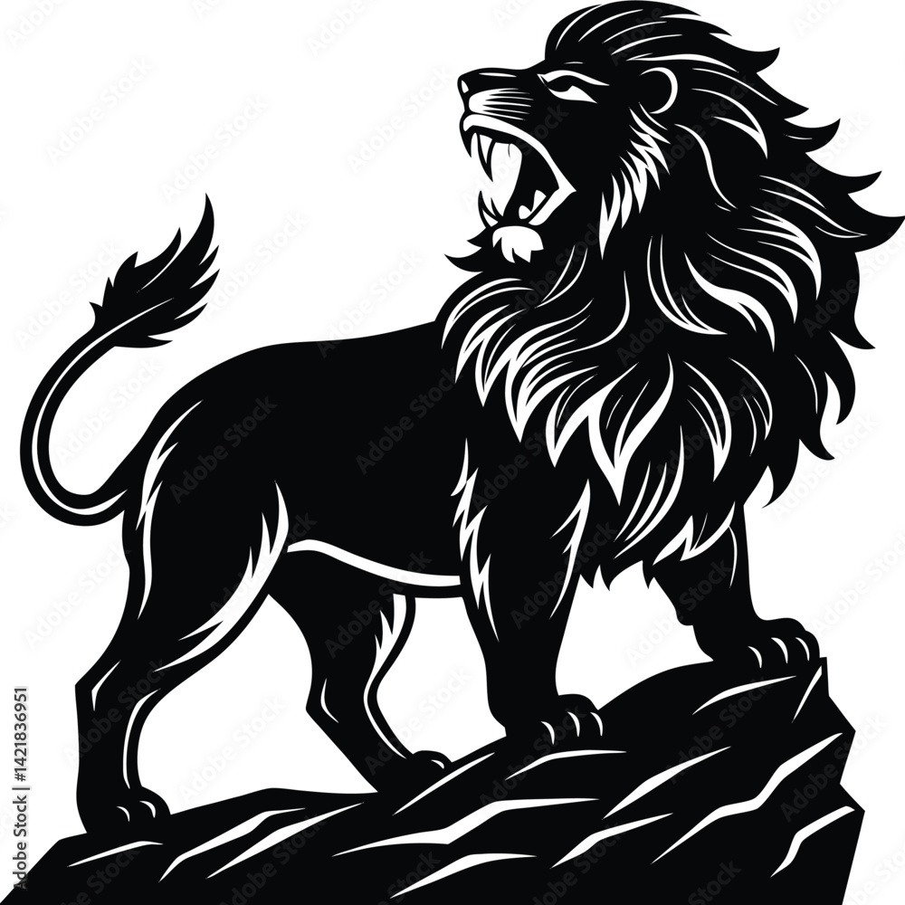 Fototapeta premium Roaring Lion Silhouette on Rock, Black and White Vector Illustration, Regal Animal Art