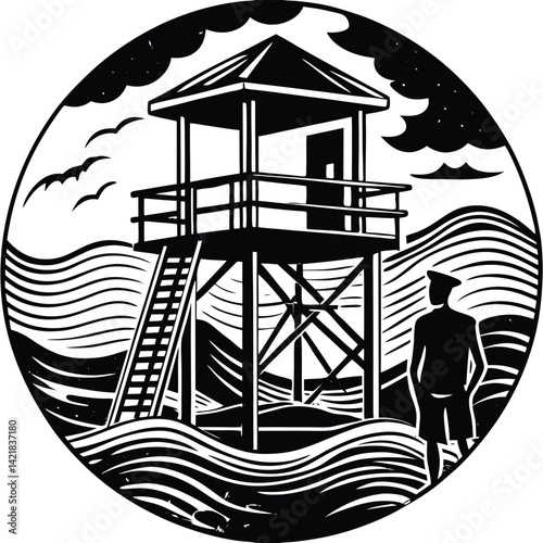 Black and White Woodcut of a Lifeguard Tower on the Beach with Waves and a Person