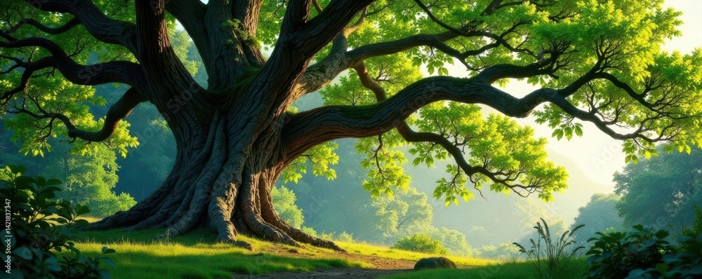 Ancient oak, gnarled branches reaching skyward, landscape, canopy Ancient oak, gnarled branches reaching skyward, landscape, canopy