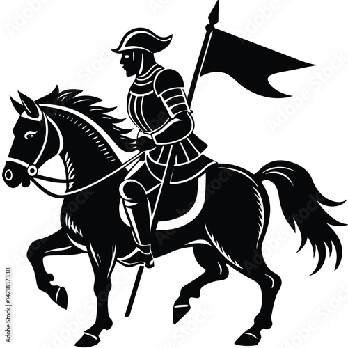 Black and White Knight on Horseback Vector Illustration | Medieval Warrior with Flag | Vintage Style Clip Art
