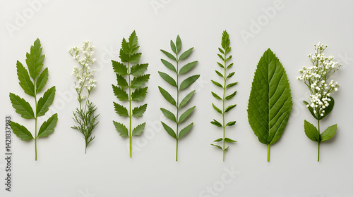 Green Leaves and White Flowers Flat Lay on White Background