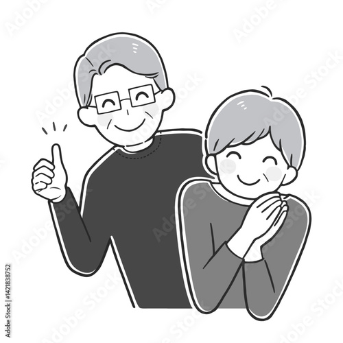 サムズアップするメガネの男性と喜ぶ女性 シニア夫婦のモノクロイラスト