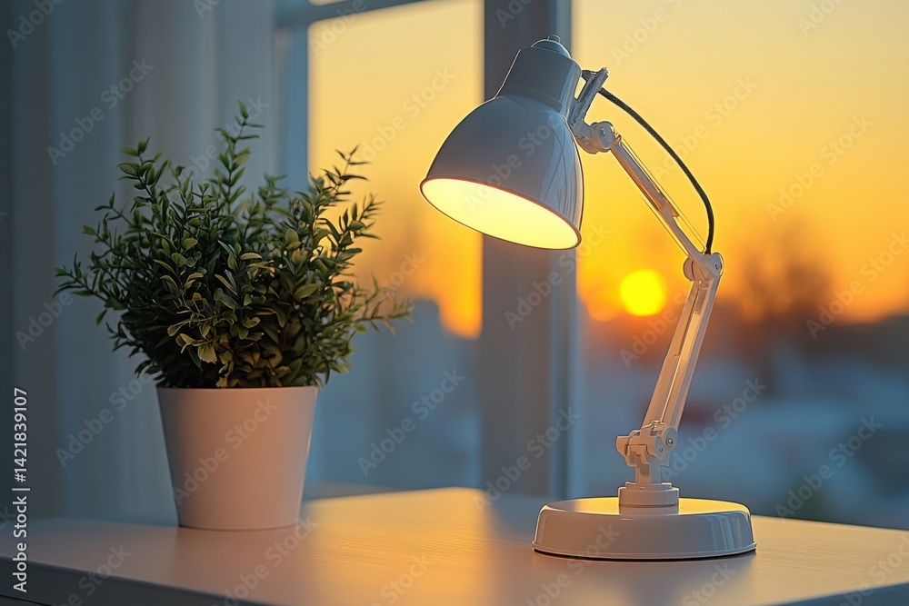 Desk lamp illuminates workspace with natural light and greenery against sunset backdrop