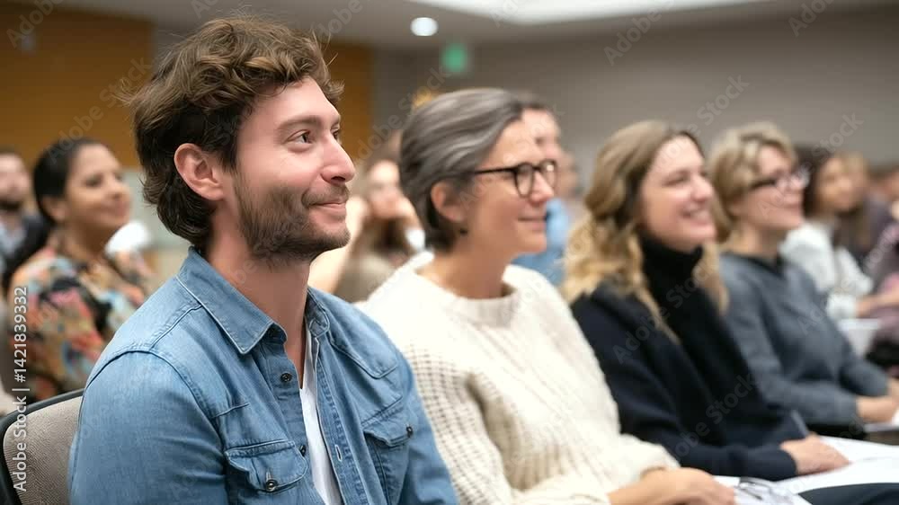 A captivated seminar audience delights in a blend of humor and insightful talks. A captivated seminar audience delights in a blend of humor and insightful talks.