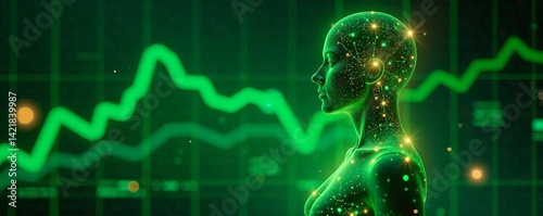 Plakat Futuristic digital profile of a humanoid with glowing data visualization elements.