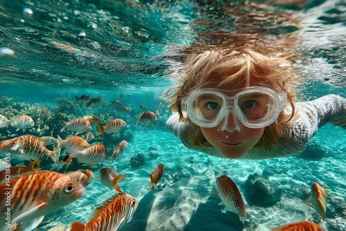 Wallpaper Mural A little girl with mask njoys the underwater life of the tropical ocean wth colorful fishes Torontodigital.ca