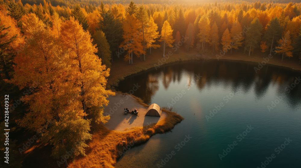 serene autumn landscape featuring tranquil lake surrounded by vibrant orange and yellow trees. cozy tent sits by water edge, inviting relaxation