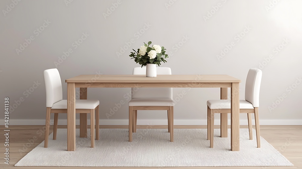 Bright Dining Area with Wooden Table, White Chairs, and Floral Centerpiece for a Minimalist and Modern Interior Design.