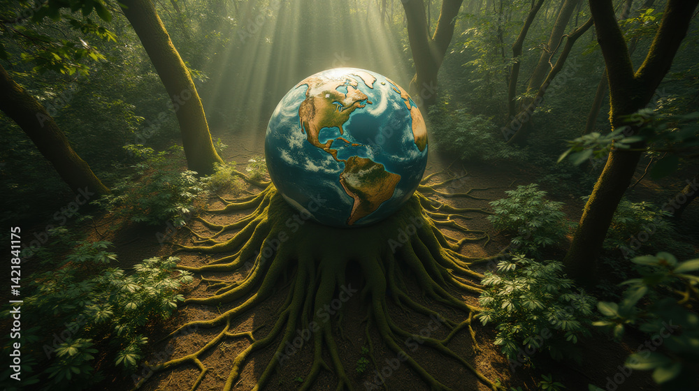 serene forest scene featuring globe surrounded by tree roots, symbolizing nature and Earth. Sunlight filters through trees, creating peaceful