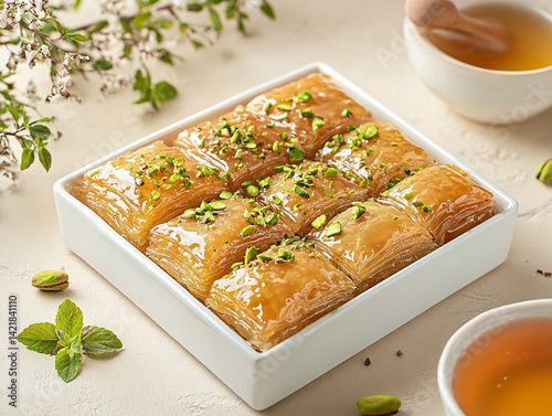 A tray of freshly baked baklava topped with chopped pistachios and honey, surrounded by bowls of honey and pistachios. The golden-brown pastry looks delicious and inviting.