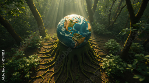 Obraz na płótnie serene forest scene featuring globe surrounded by tree roots, symbolizing nature and Earth. Sunlight filters through trees, creating peaceful w salonie