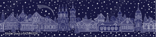 Christmas and New Year seamless border pattern. Fairy tale wooden houses, churches, fir trees on a dark blue background