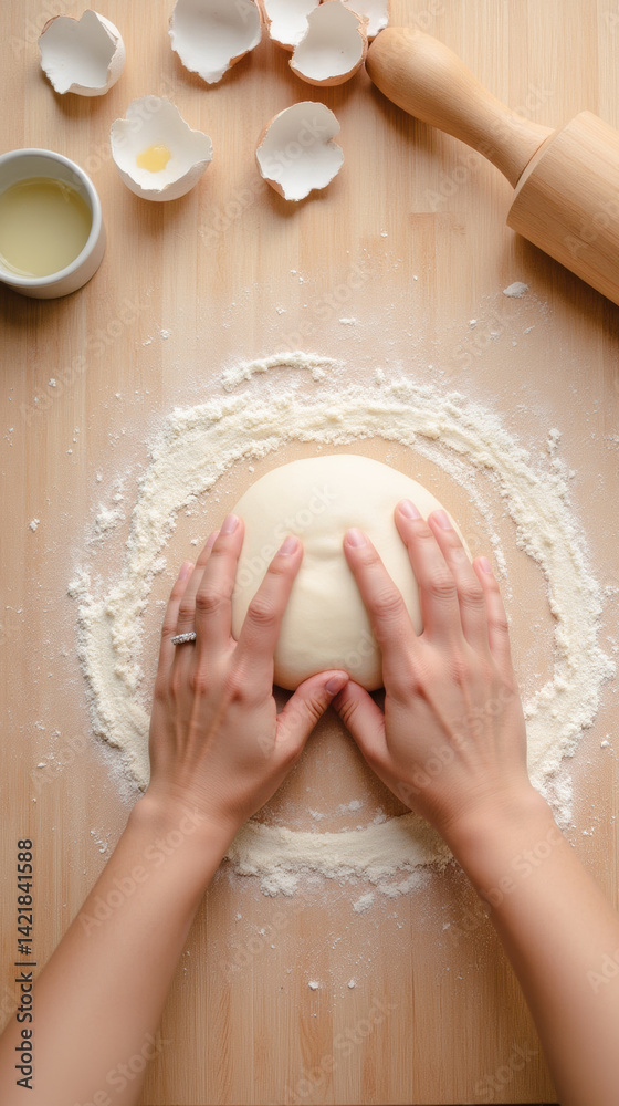 Fototapeta premium Kneading dough on wooden surface with flour and eggshells nearby creates cozy kitchen atmosphere
