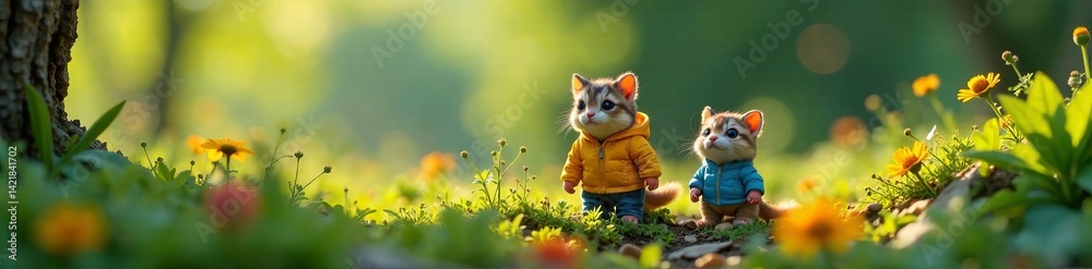 Fototapeta premium Two playful raccoon figurines explore a vibrant flower-filled meadow.