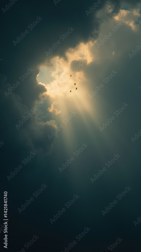 dramatic sky with dark clouds and rays of sunlight breaking through, creating serene atmosphere. Birds can be seen flying distance, enhancing