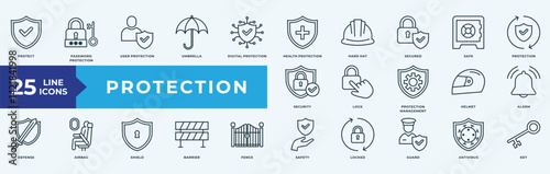 Protection icon collection set with protect, password protection, user protection, umbrella, digital protection