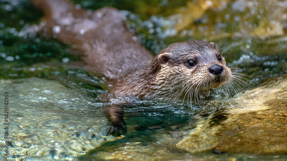 A close up of an otter swimming in clear water with rocks visible beneath the surface of the water A close up of an otter swimming in clear water with rocks visible beneath the surface of the water