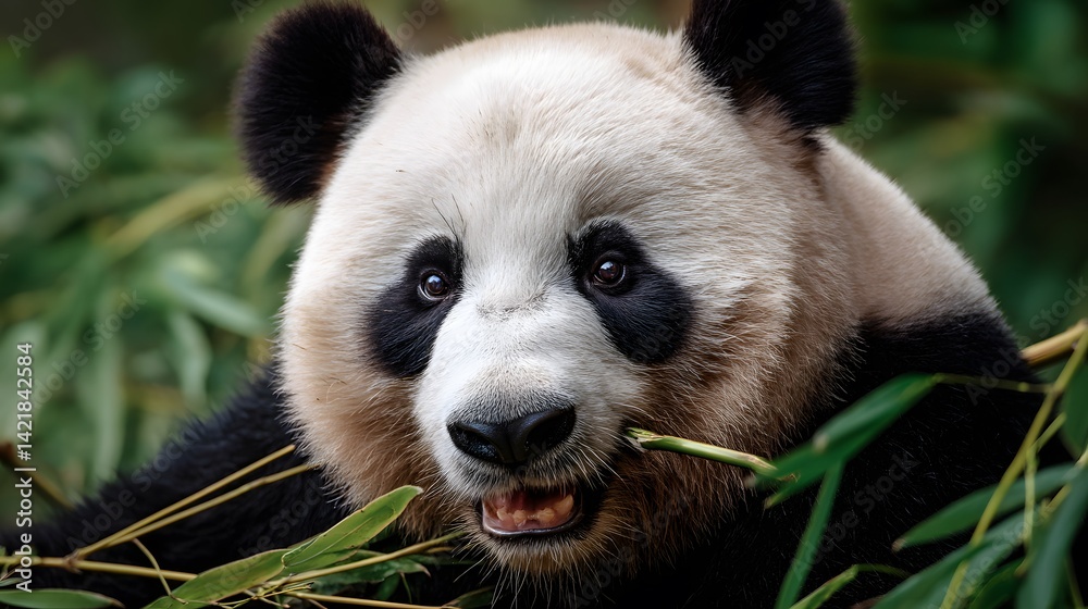 Fototapeta premium A close up shot of a panda bear eating bamboo with a blurred green background in natural light