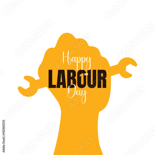 Silhouette of clenched fist with wrench Poster with hand lettering composition of Happy Labour Day 1st of May