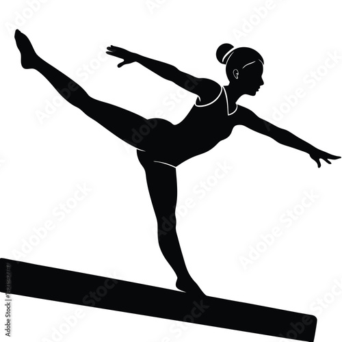 Gymnast on Balance Beam Silhouette: Gymnastics Balance, Artistic Sport, Woman Athlete, Gymnastics Competition, Black and White Image