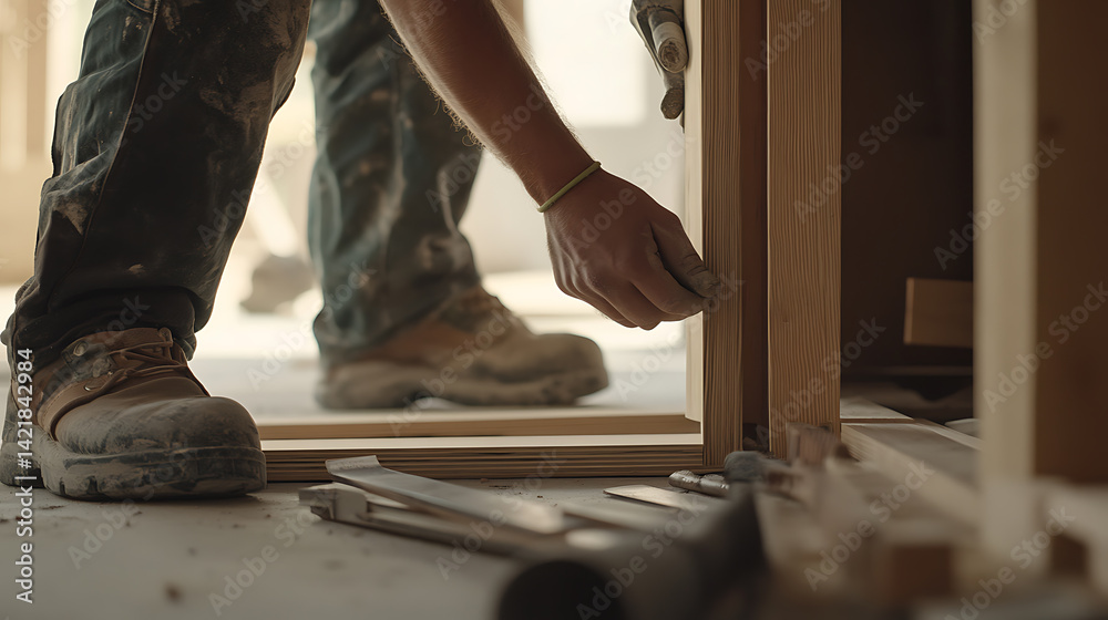 Construction Worker Installing a Wooden Frame Construction Worker Installing a Wooden Frame