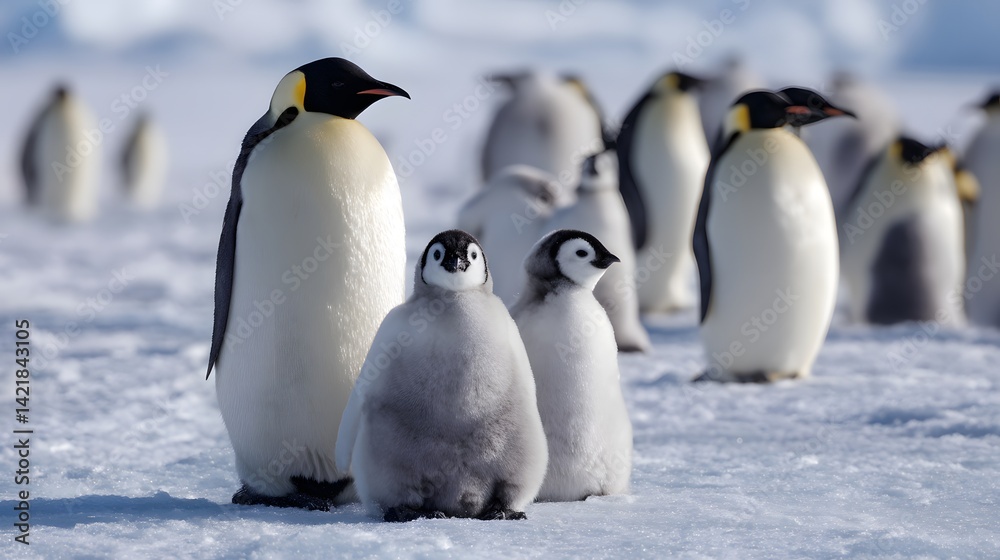 Obraz premium A group of emperor penguins with chicks standing on the snow in antarctica landscape scene view