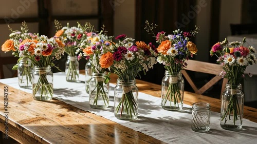 Wallpaper Mural Vibrant flower arrangements in jars on a rustic wooden table. Torontodigital.ca