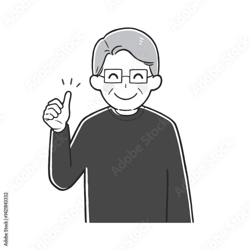 サムズアップするメガネのシニア男性のモノクロイラスト