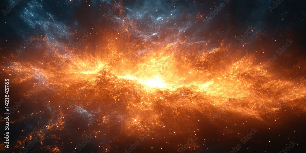 Naklejka premium Stunning cosmic explosion illuminates the dark expanse of space with fiery colors and intricate gas clouds