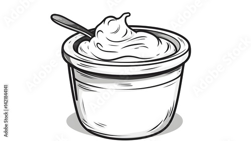 Detailed Hand-drawn Black and White Cartoon Illustration of a Yogurt Pot for Designs