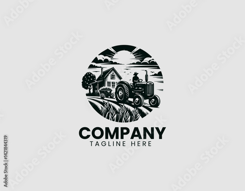 Vintage Countryside Scene Farmer Old Tractor Field Vector Logo Design