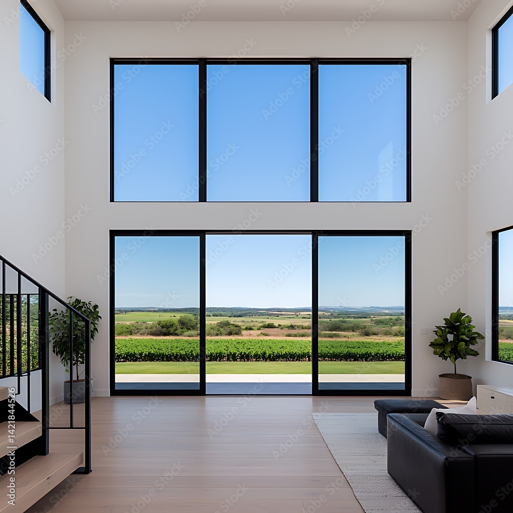 Bright Interior Living Space with Large Windows Offering Scenic Landscape Views and Minimalist Decor Accents