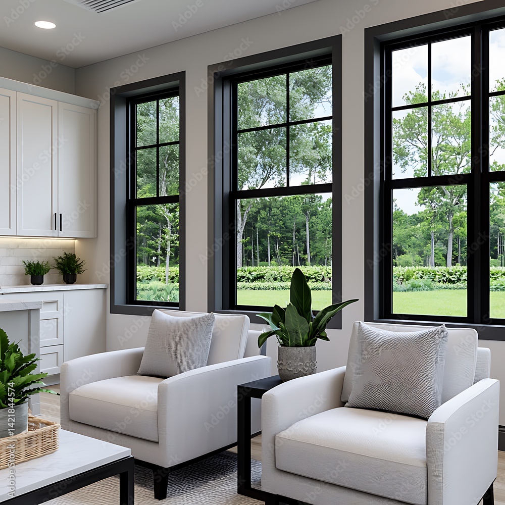 Bright Interior Living Space Featuring White Armchairs, Sleek Windows Overlooking Lush Greenery, and Minimalist Decor for Relaxation.