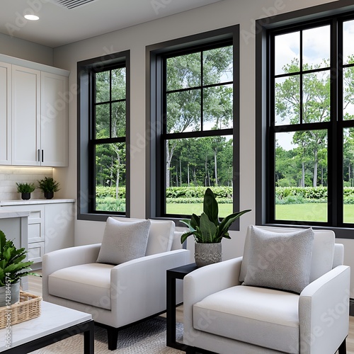 Obraz na płótnie Bright Interior Living Space Featuring White Armchairs, Sleek Windows Overlooking Lush Greenery, and Minimalist Decor for Relaxation. w salonie
