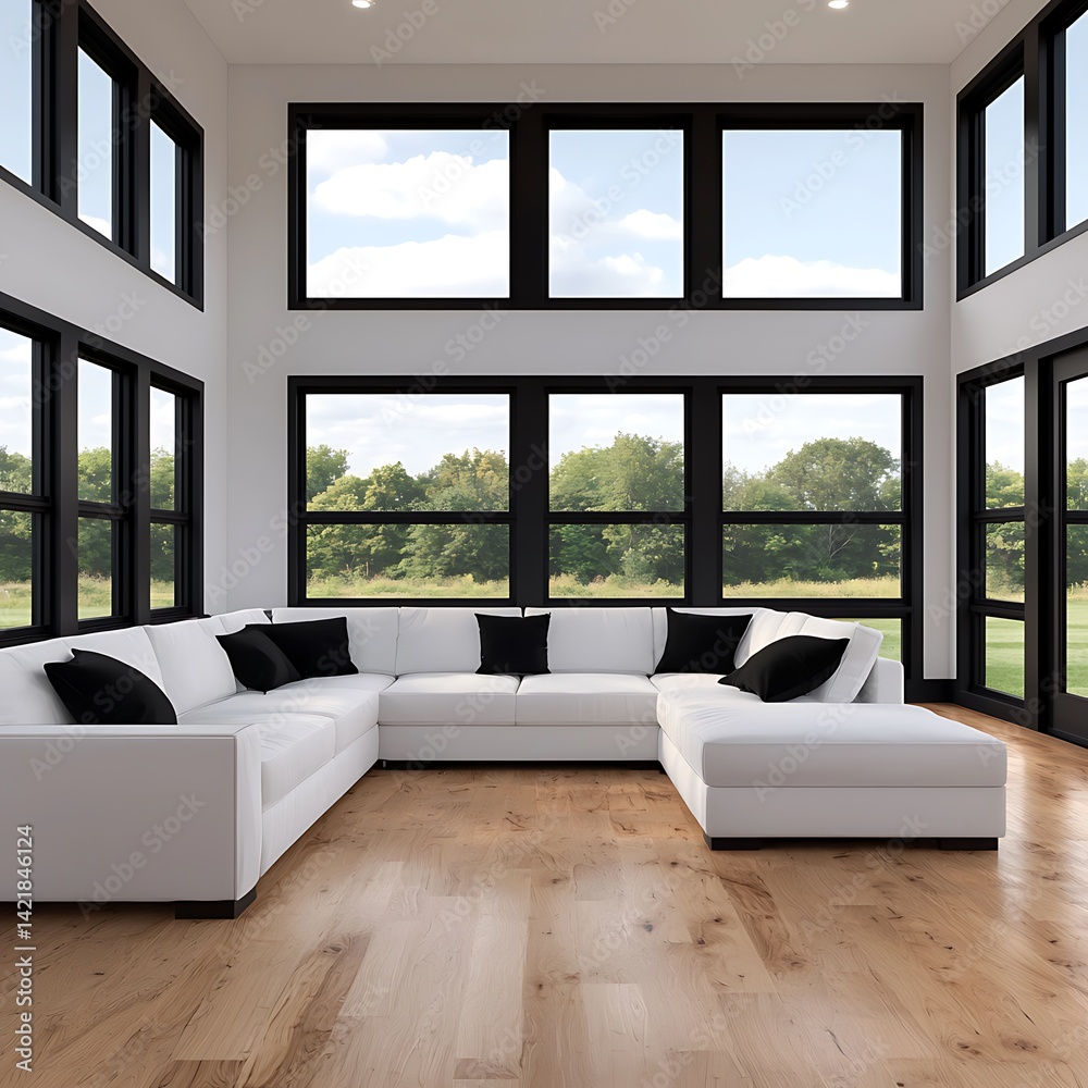 Bright Living Area with White Sectional Sofa, Large Windows, Wood Floor, and Green Outdoor View.