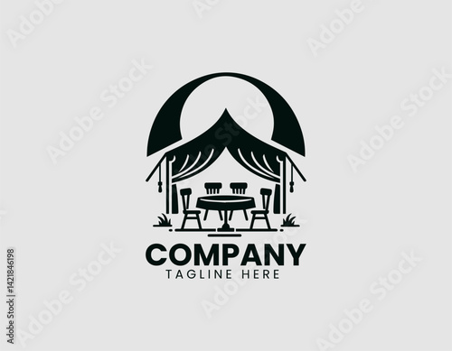Minimalist Event Tent Silhouette Table Chairs Vector Logo Design, Simple Event Tent Table Chairs Silhouette Logo