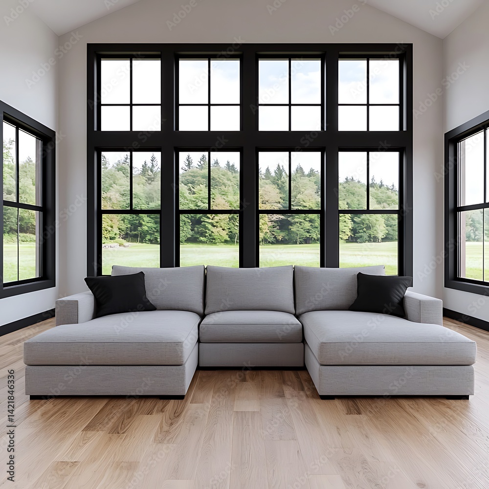 Bright Living Room Interior with Large Windows Overlooking Trees and a Gray Sofa, Modern Home Design.