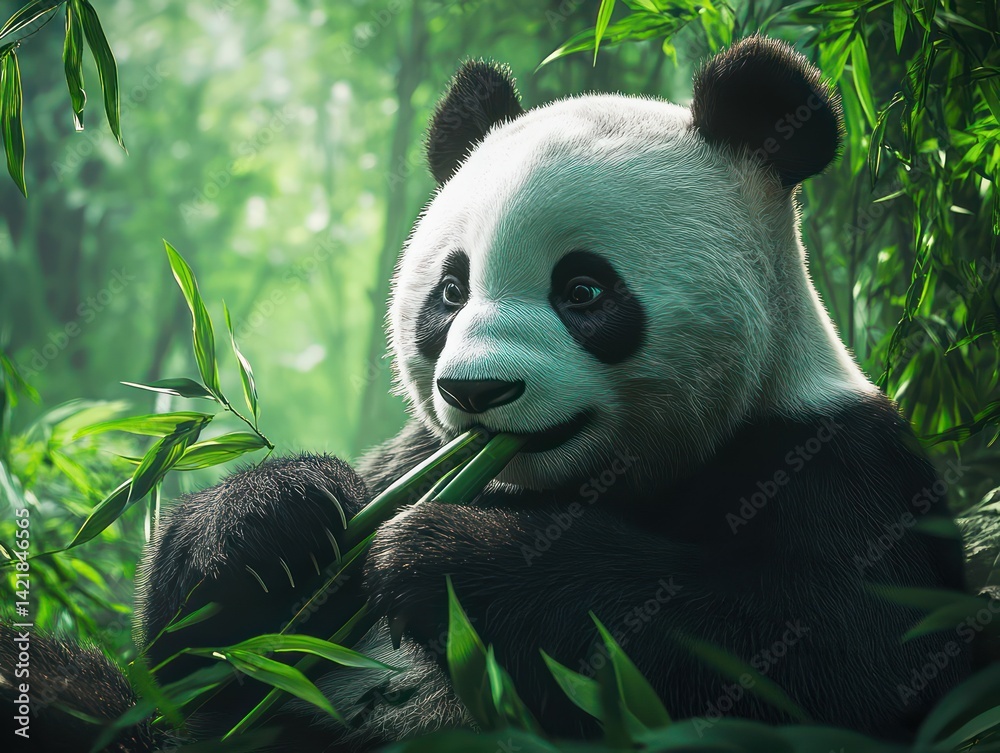 Obraz premium Panda eating bamboo forest