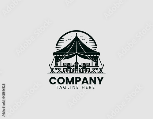 Minimalist Event Tent Silhouette Table Chairs Vector Logo Design, Simple Event Tent Table Chairs Silhouette Logo