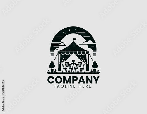 Minimalist Event Tent Silhouette Table Chairs Vector Logo Design, Simple Event Tent Table Chairs Silhouette Logo