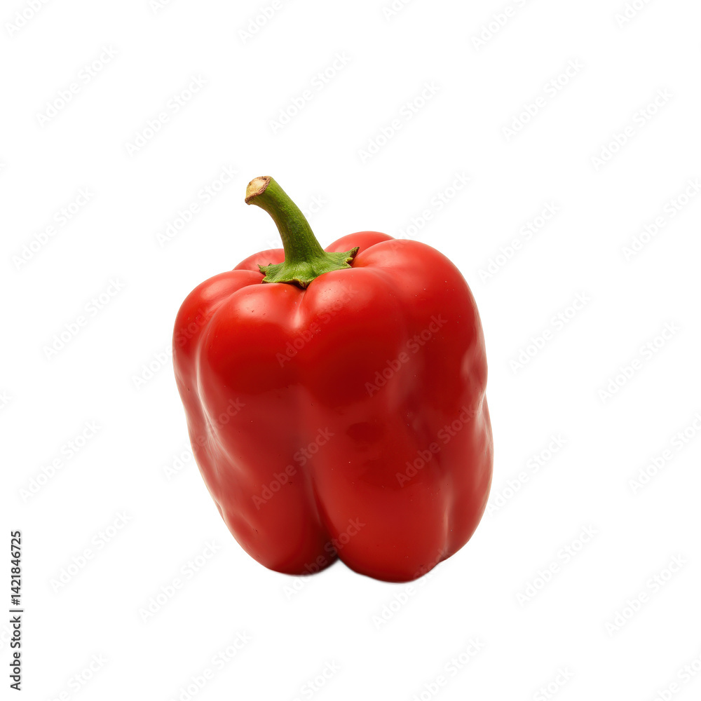 A vibrant red bell pepper with a smooth texture and a green stem, perfect for fresh salads or cooking. A vibrant red bell pepper with a smooth texture and a green stem, perfect for fresh salads or cooking.